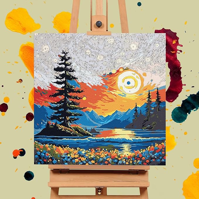 Framed Paint by Numbers Kit for Adults Beginners & Kids Ages 8-12, Starry Night Acrylic Easy Paint by Number with Frame, Watercolor Paint by Number Kits on Canvas Framed (10 * 10 Inch, without Easel)