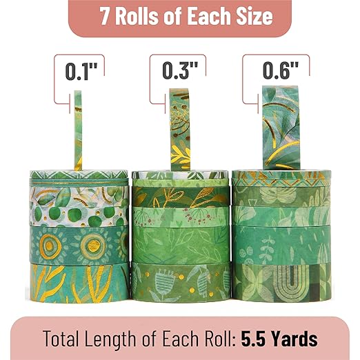 Mr. Pen- Washi Tape Set, 21 Rolls, Greenery Summer Design, Decorative Tapes With Tape Measure for Journaling, Scrapbooking, and Crafts