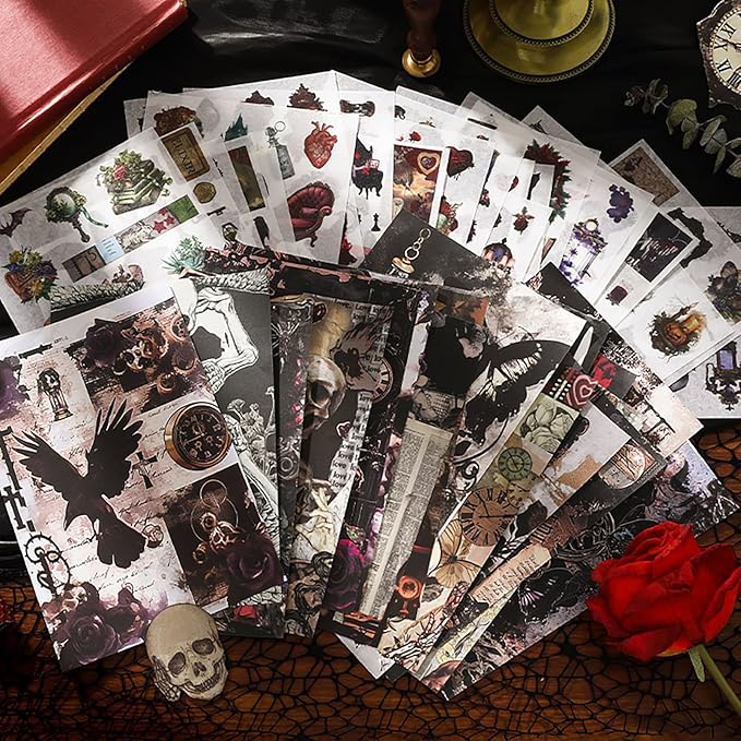 Dark Aesthetic Gothic Stickers 400 Pre-Cut Washi Stickers 20 Scrapbook Papers Horror Decals for Junk Journal Collage DIY Crafts Halloween Scrapbooking Sticker