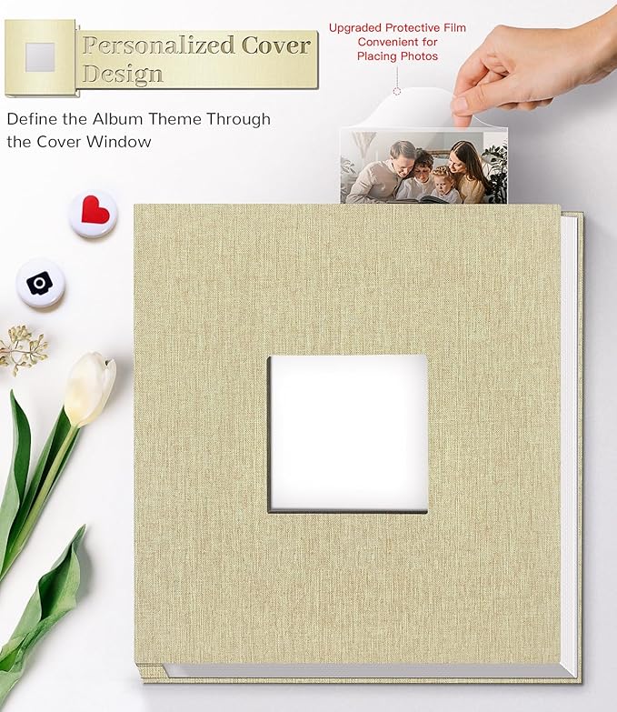 Photo Album Self Adhesive Scrapbook Album for 3x5 4x6 5x7 8x10 Pictures,60 Pages Linen Cover with Display Window DIY Photo Book,Ideal Gifts for Family Travel Wedding Baby
