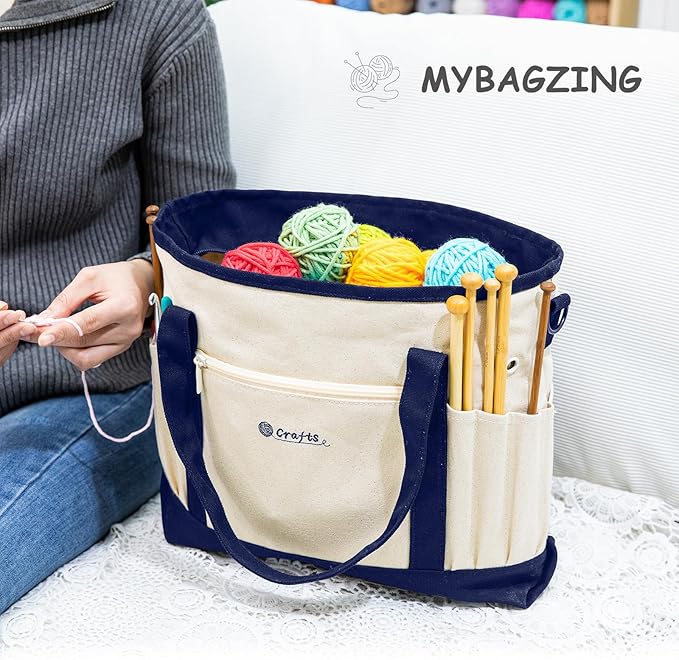 Canvas Yarn Storage Organizer Bag Washable Crochet Bag with Pockets for Yarn, Hooks, Needles – Travel Knitting Tote for Crafters – Gift for Crocheters & Knitters (Medium/Large)