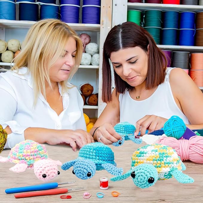 Kaaper Crochet Kit for Beginners Adults and Kids, Beginner Crochet Animal Kit Turtles Family Kit 3 pcs, Crochet Starter Kit & Knitting Supplies with Step-by-Step Video (Turtles Family)