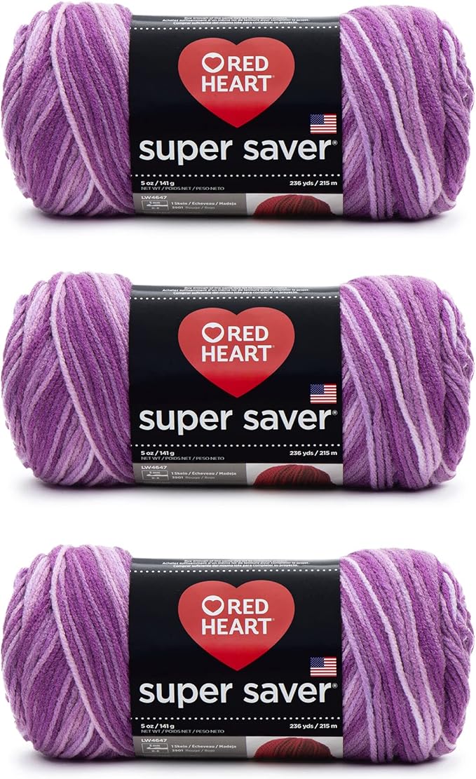 Red Heart Super Saver Purple Tones Yarn - 3 Pack of 141g/5oz - Acrylic - 4 Medium (Worsted) - 364 Yards - Knitting/Crochet
