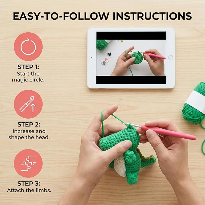 minimal beee Crocodile Crochet Kit for Beginners, Animals Easy-Peasy Yarn with Complete Starter Supplies, DIY Gift for Adults Crafts, Includes Video Tutorials & Patterns