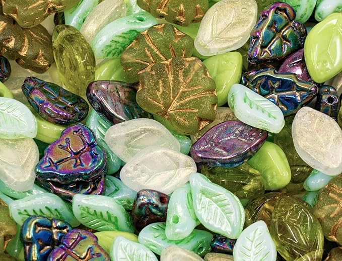 1.4oz (40g) Summer Mix of Small Czech Glass Leaf Beads, Hand Made Set Kit, Leaves 01