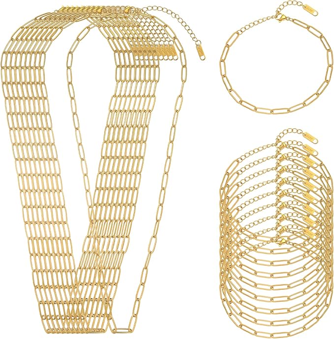 Swyabi 20 PCS Gold Plated Necklace Bracelet Chains Bulk Stainless Steel Paperclip Chain with Extender for Jewelry Making