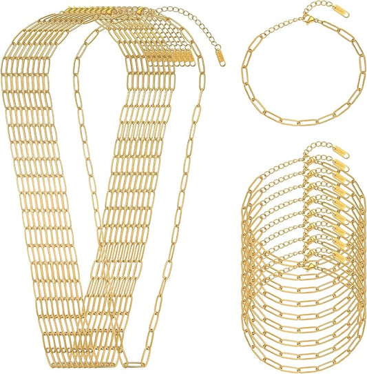Swyabi 20 PCS Gold Plated Necklace Bracelet Chains Bulk Stainless Steel Paperclip Chain with Extender for Jewelry Making