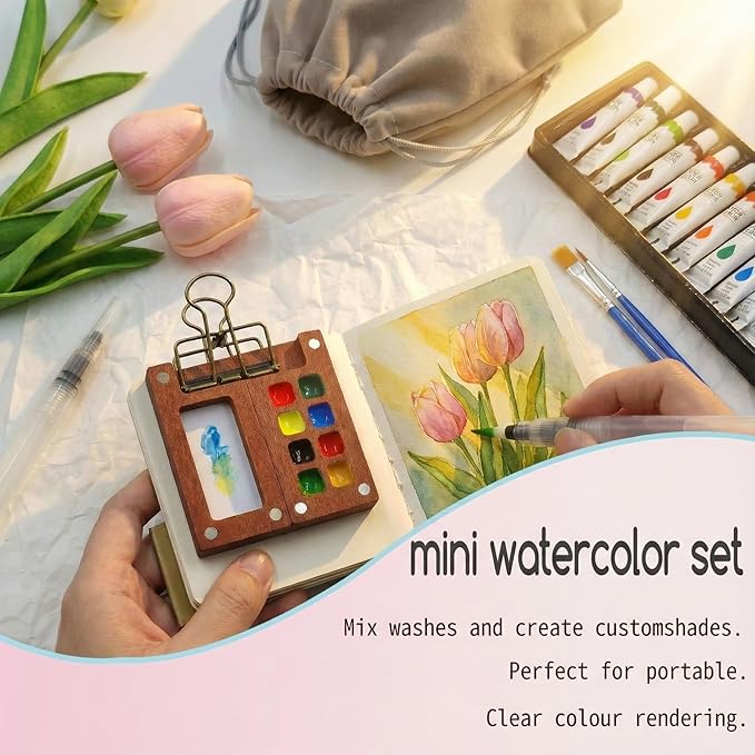 Mini Watercolor Paint Set, Travel Watercolor Set, Watercolor Kit, Pocket Artist Water Color Set with Paint, Brush, Storage Pouch, Sketchbook & Copper Clip for Beginners, Artists & Painting Enthusiasts