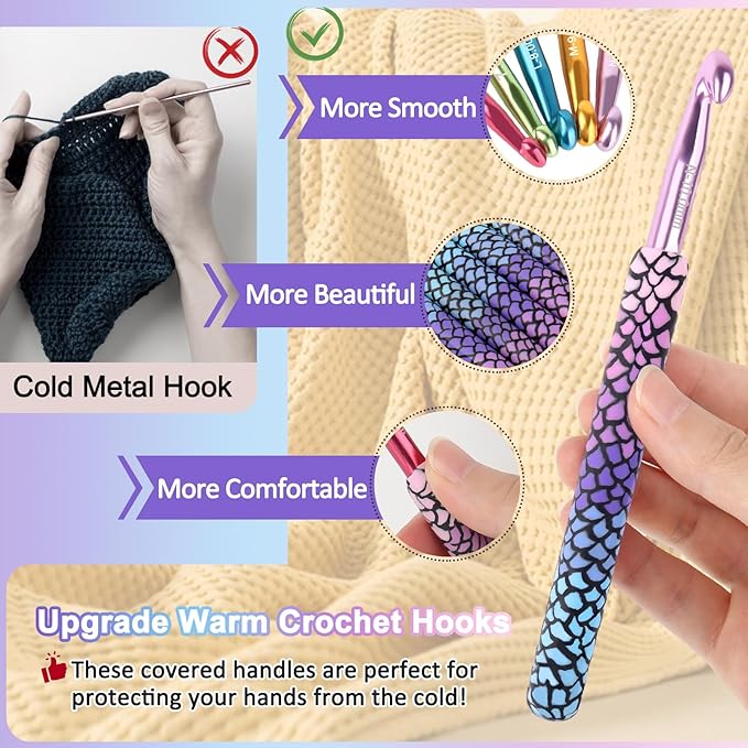 Coopay Large Crochet Hooks 10mm 9mm 8mm 7mm 6.5mm Crochet Hook Set for Crocheting, Mermaid Crochet Needles for Arthritic, Warm Crochet Hooks for Chunky Yarn, Pretty Knitting & Crochet Supplies