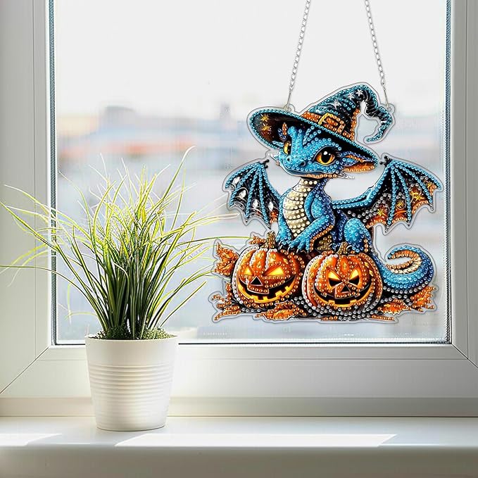 SENQAO Dragon Diamond Art Hanging Kits for Adults, Acrylic Diamonds Painting Pendant Board Kit Halloween Pumpkin, Diamond Art Painting Window Pendants Home Garden Wall Hanging Kits Hanging Ornament