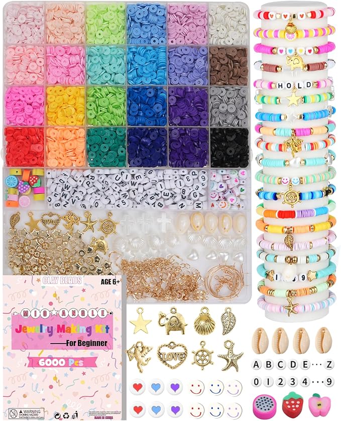 Mio Angle Clay Beads Bracelet Making Kit 24 Colors Flat Preppy Beads for Friendship Jewelry Making Polymer Heishi Beads with Charms Gifts for Teen Girls Crafts for Girls Ages 8-12