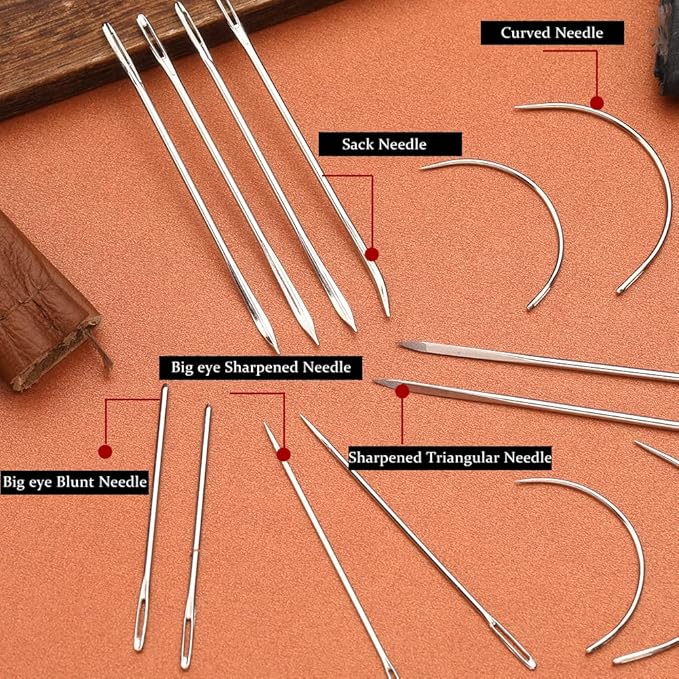 16 Pcs Heavy Duty Sewing Kit - Curved, Sack, Hand Needles, Finger Cots for Leather, Upholstery, Carpet & Canvas Repair