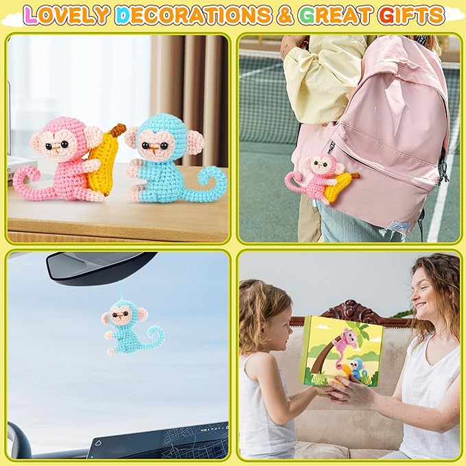 Fortuning's JDS Crochet Kit for Beginners - 2 PCS Monkey with Banana Crochet Kits with Step-by-Step Video Tutorials, Beginner Crochet Kit for Adults, Crochet Monkey Kit (Blue & Pink)