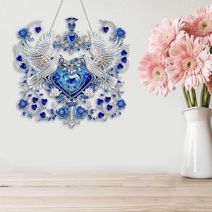 Kaliosy Sun Catcher Heart Bird Window Hanging Ornament - Outdoor Porch Decor, Animals Themed Diamond Art Ornament, Acrylic Board Diamond Painting for Wall Home, Front Door Sign, Indoor Decor 8x8inch