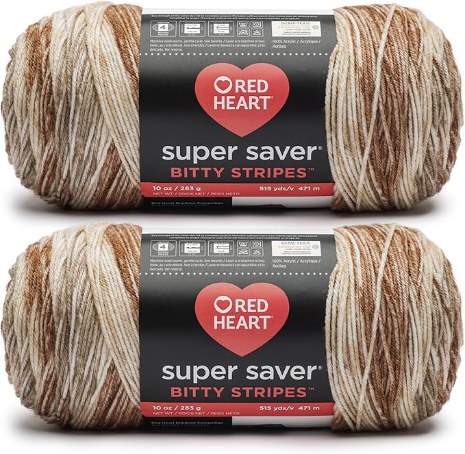 Red Heart Super Saver Bitty Stripes Rattan Yarn - 2 Pack of 10oz/283g - 100% Acrylic - #4 Worsted (Medium) - 515 Yards - Knitting/Crochet