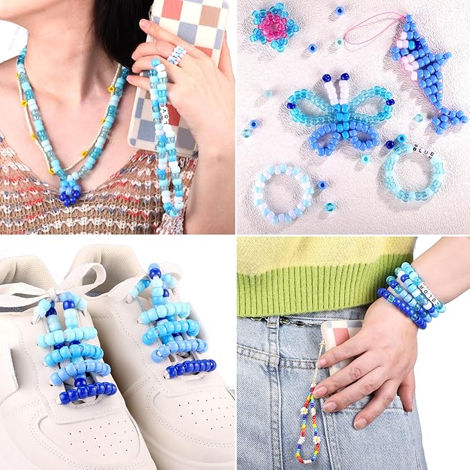 Blue and White Pony Beads, 1200Pcs 6x9mm Pony Bead Bulk and 100Pcs Square Letters, Large Hole Hair Bead for Braids for Girls Kids, Plastic Kandi Beads for Bracelets Jewelry Making DIY Crafts(8 Colors)