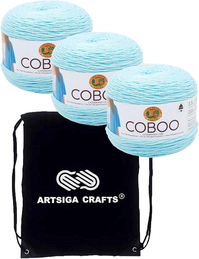 Lion Brand Coboo Ice Blue 835-106 (3-Skeins - Same Dye Lot) DK Light Worsted #3 Cotton, Bamboo Yarn for Crocheting and Knitting with Project Bag