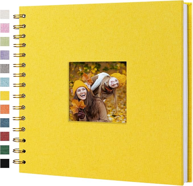Scrapbook Photo Album Linen Cover, 8 x 8 Inch Hardcover Kraft White Pages Memory Book, for Travel Wedding Guest Book Christmas Baby Shower (20 Sheets/ 40 Pages,Yellow)