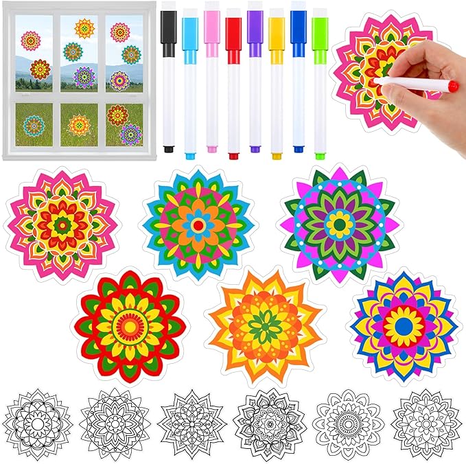 Frienda 36 Pcs Stained Glass Mandala Art Kit DIY Window Clings with Markers 6 Designs Holi Suncatchers Craft Color Your Own Spring Gift Crafts for Adults Seniors Beginners Women Elderly Home Decor