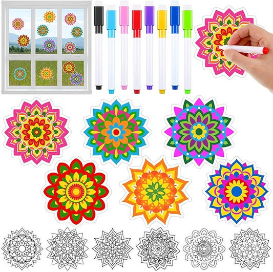 Frienda 36 Pcs Stained Glass Mandala Art Kit DIY Window Clings with Markers 6 Designs Holi Suncatchers Craft Color Your Own Spring Gift Crafts for Adults Seniors Beginners Women Elderly Home Decor