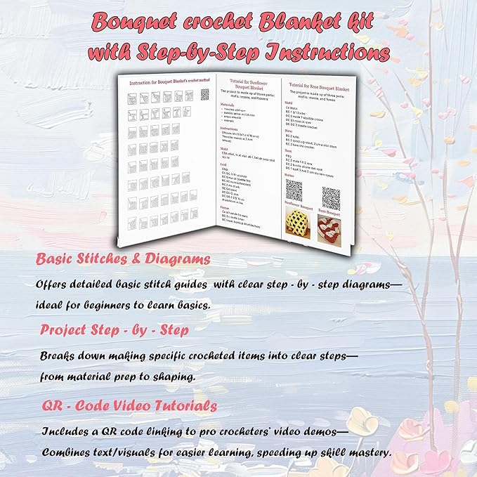 Yarniss Rose Crochet Blanket Kit for Beginner,Crochet Flower Bouquet Blanket Kit with Enough Yarn&Tutorial,Crochet Blanket Kit for Adults