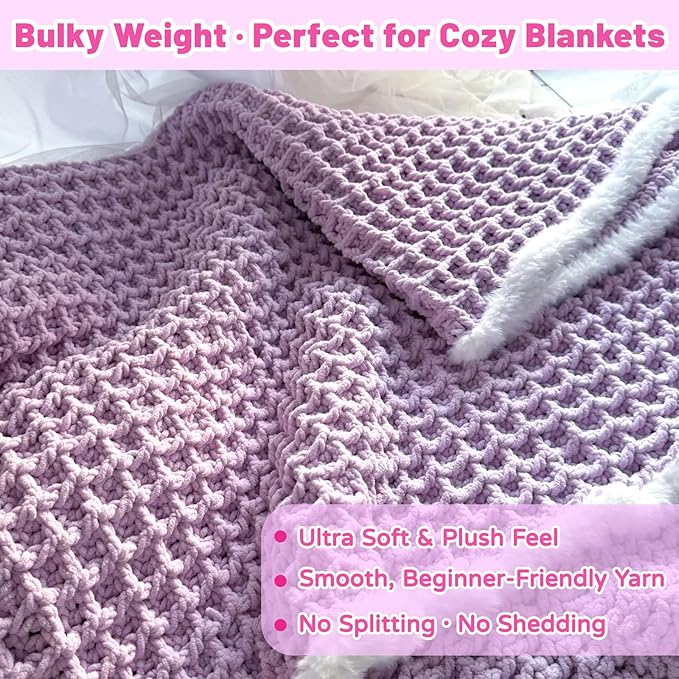 Bulky Chenille Yarn for Crocheting – 6 Pack of 50g/1.76oz Skeins, Pure Polyester, CYC #5 Bulky Weight – Ultra Soft Chenille Yarn Pack for Crafting Plush Toys, Blankets, Scarves(Lavender Mist)