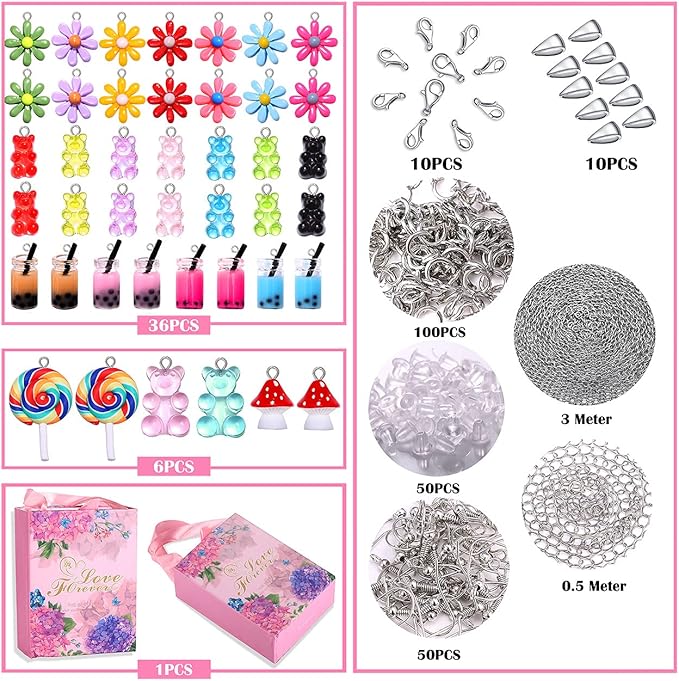 HSWE 263 PCS Charm Bracelet Making Kit,Colorful Gummy Candy Bear Milk Tea Lollipop Flower Pendant Charms Cute Funny Mushroom Earring Necklace DIY Jewelry Craft Making for Women