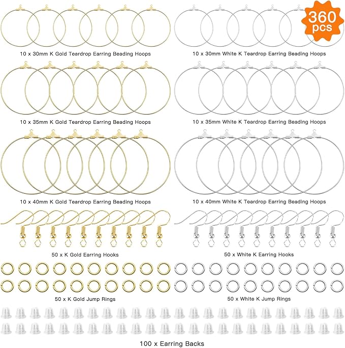 360pcs earring making kit jewelry making supplies bulk with round beading hoop earring finding,earring hooks,jump rings,earring backs for diy craft earring jewelry making(k gold,white k)