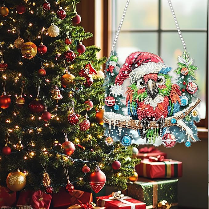 SENQAO Christmas Diamond Art Hanging Kits for Adults Kids, Parrot Diamond Art Suncatchers, 5D Special Shape Diamond Painting Pendant Window Ornament Gifts for Home Door Wall Decor