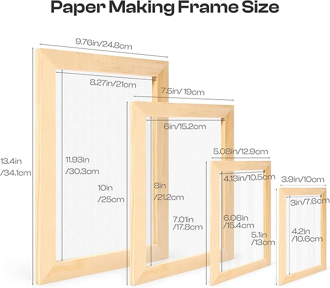 Caydo 4 Pieces Paper Making Frame Kit, Papermaking Mould and Deckle with Mesh, Absorbent Paper and Sponge for Kids Adults Supplies A4 A5 A6 A7(9.8" x 13",7.5" x 9.8",5" x 7", 4.5" x 5.7")