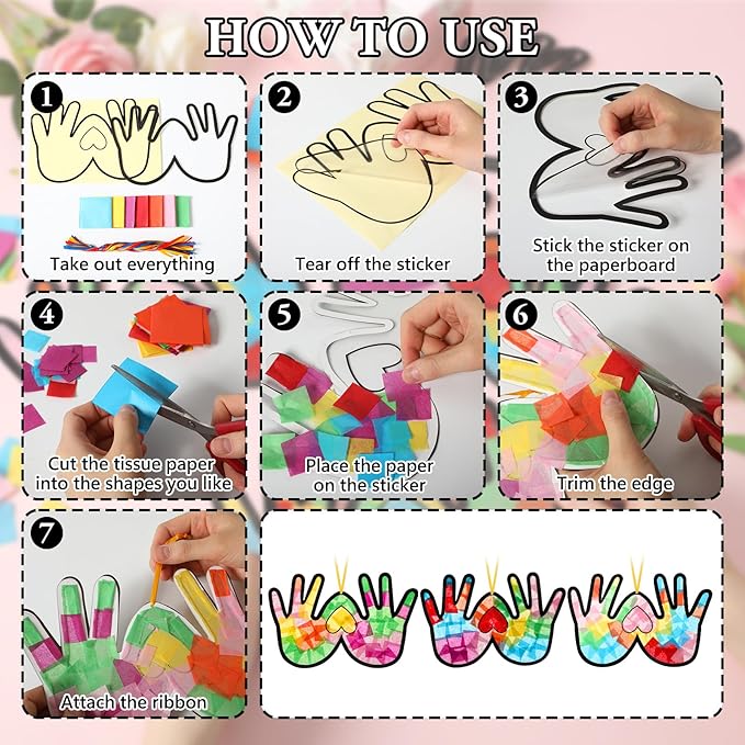Yaomiao 30 Set Mother's Day Crafts Heart Handprint Suncatchers Paper Crafts Kit DIY Stained Glass Kit Effect Tissue Paper Hanging Suncatchers for Mother's Day Home Birthday Party Favors Gifts