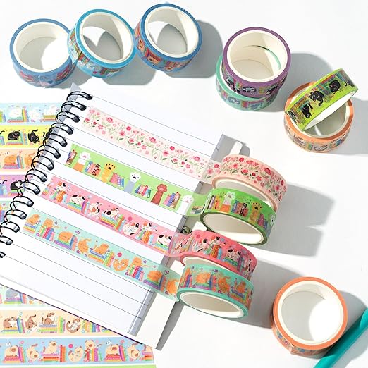 Cats Books Washi Tapes - 12pcs Cute Trendy Colored Aesthetic Stacking Book Decorative Cat Paw Artistic Photo Scrapbook Masking Sided Adhesive Tape Set Supplies DIY Craft Bookish Gift Wrapping