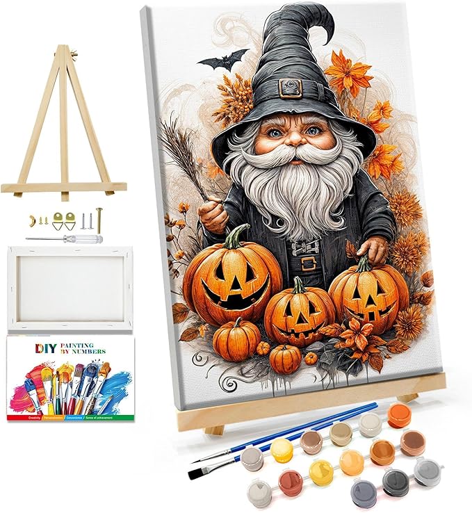 JOOZ Paint by Numbers Kit for Adults with Frame Gnome Paint by Number with Easel Halloween Adult Paint by Number Kits Framed Canvas DIY Oil Painting Kits for Ideal Gift Home Wall Decor 8x12 Inch