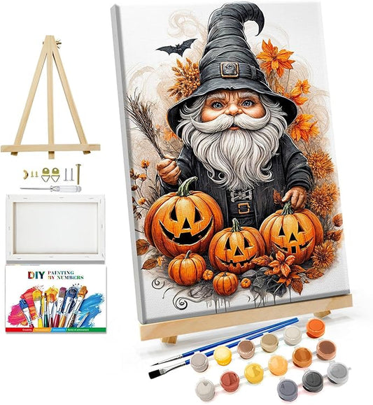 JOOZ Paint by Numbers Kit for Adults with Frame Gnome Paint by Number with Easel Halloween Adult Paint by Number Kits Framed Canvas DIY Oil Painting Kits for Ideal Gift Home Wall Decor 8x12 Inch