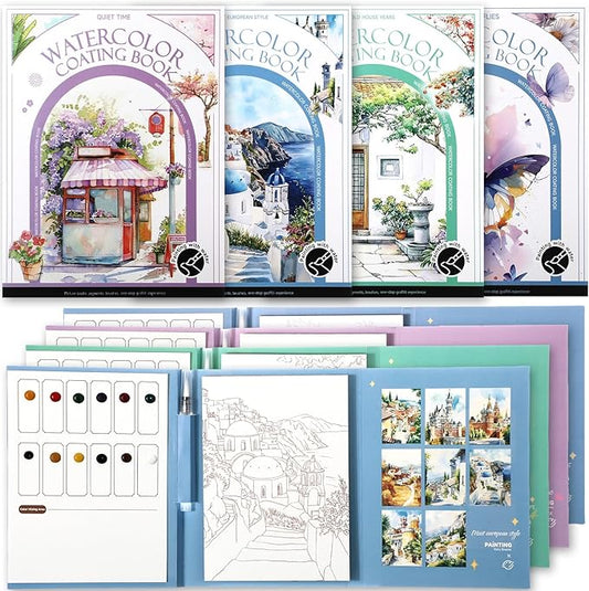 Dunzoom 64 Sheets Watercolor Coloring Book 4 Pack Water Color Workbook Paper Paint Set with 12 Colors Paint Cakes and Brushes for Adults Beginners Art Painting Supplies (Butterfly&House)