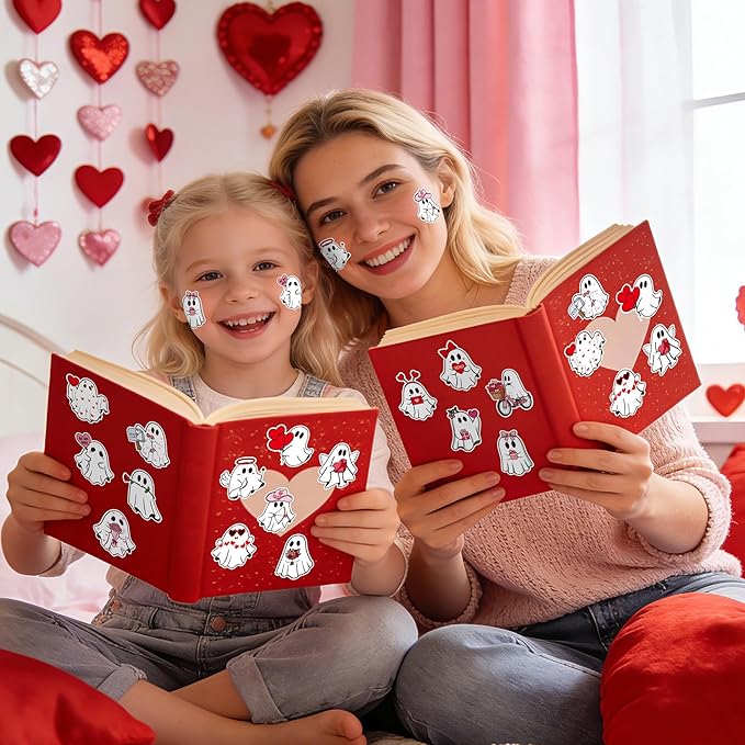 h1vojoxo valentine's day sticker rolls - 1000pcs valentine’s day ghost stickers 16 designs pink red cute ghost label tag seal stickers for kids craft envelope water bottle valentines party supplies