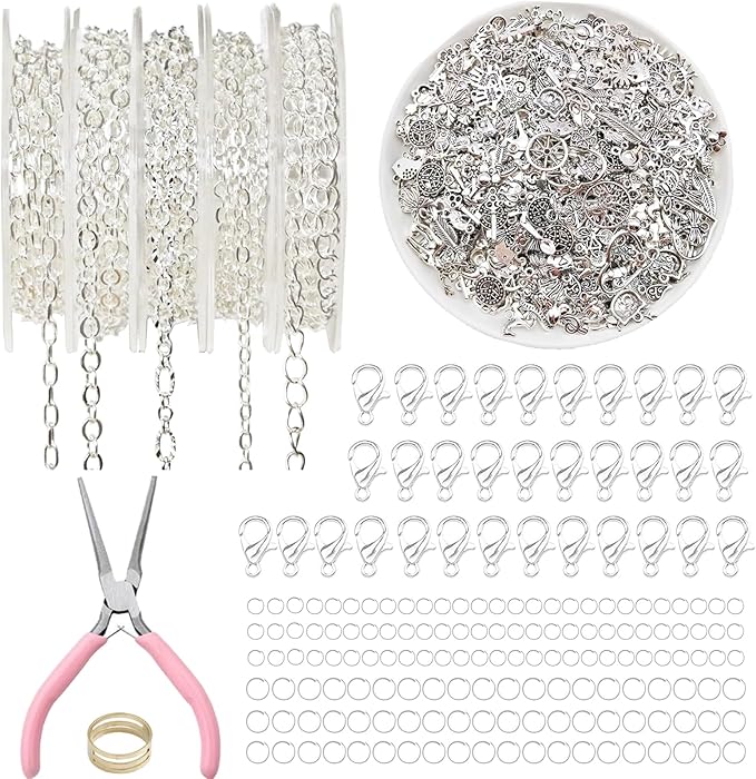 XKCWXY Necklace Chain for Jewelry Making,16.4 ft 5 Rolls Silver Plated Chains for DIY Necklace Bracelet Jewelry Making Accessories with Charm Pendants Jump Rings Lobster Clasps Pliers