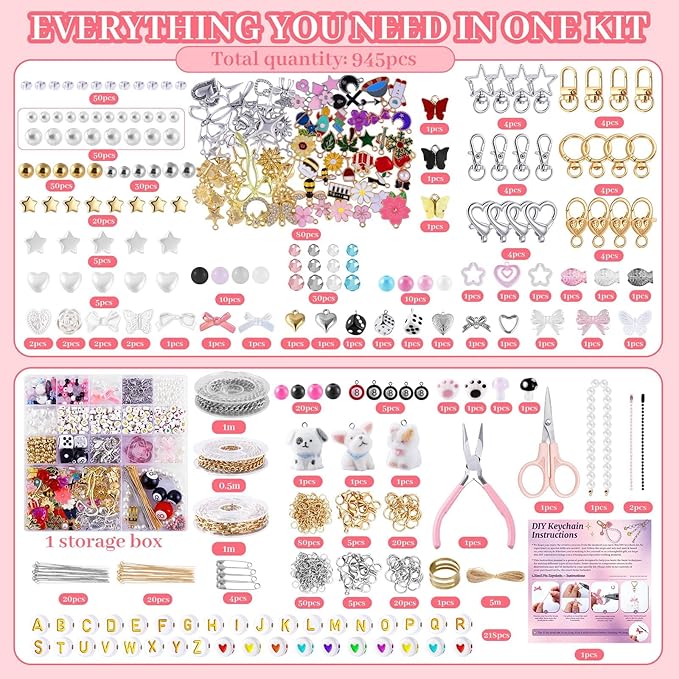 Wurosi 945 Pcs Bag Charm Kit, Charms Lip Gloss Keychain Making Kit, Beaded Keychain Making Kit, Y2K Keychains, 8 Ball Dice Charm Keychains, DIY Customizable Crafts Key Chains(Gold & Silver)