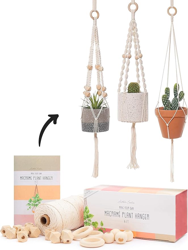 macrame kit - makes 3 macrame plant hangers with easy to follow instructions for adult beginners - includes 109 yards 3mm cotton macrame cord, natural wooden beads & custom instruction booklet