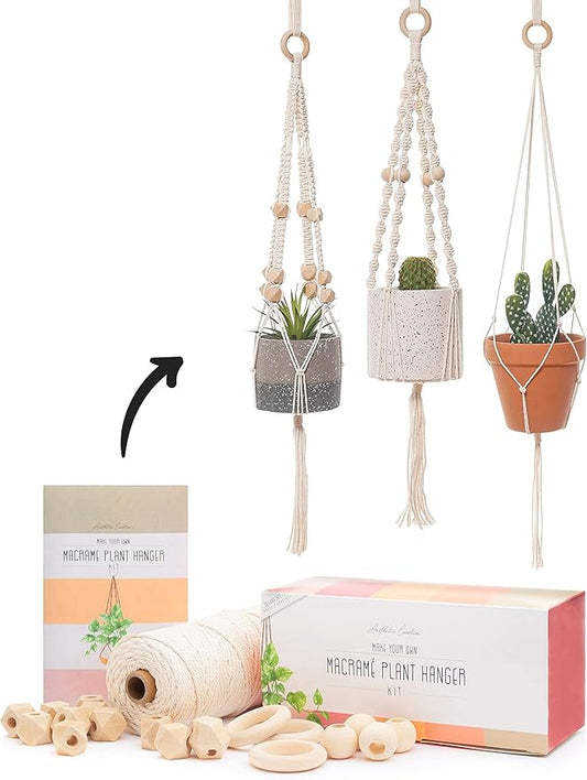 macrame kit - makes 3 macrame plant hangers with easy to follow instructions for adult beginners - includes 109 yards 3mm cotton macrame cord, natural wooden beads & custom instruction booklet