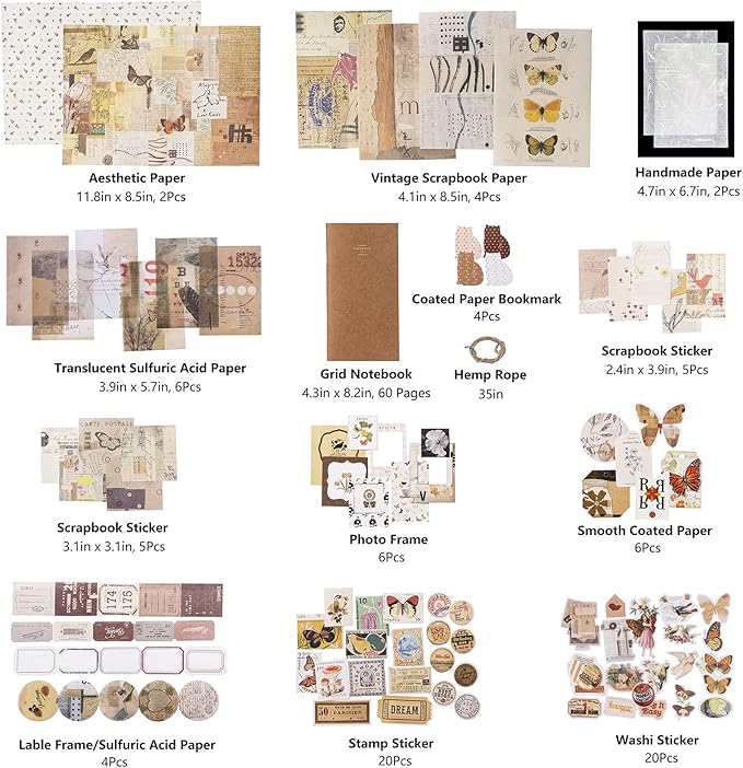 joychoic vintage scrapbooking supplies aesthetic journaling kit, scrapbook large collection for bullet junk journal, arts craft collage, beginners, ephemera