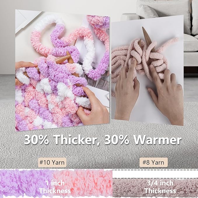 Chunky Yarn for Hand Knitting - #10 Chunky Chenille Blanket Yarn, Jumbo Big Thick Chunky Yarns for Crocheting, Tie Dye Bulky Knit Yarns, 8 Skein (25 yds 8 oz Each Skein), Purple&Pink&White