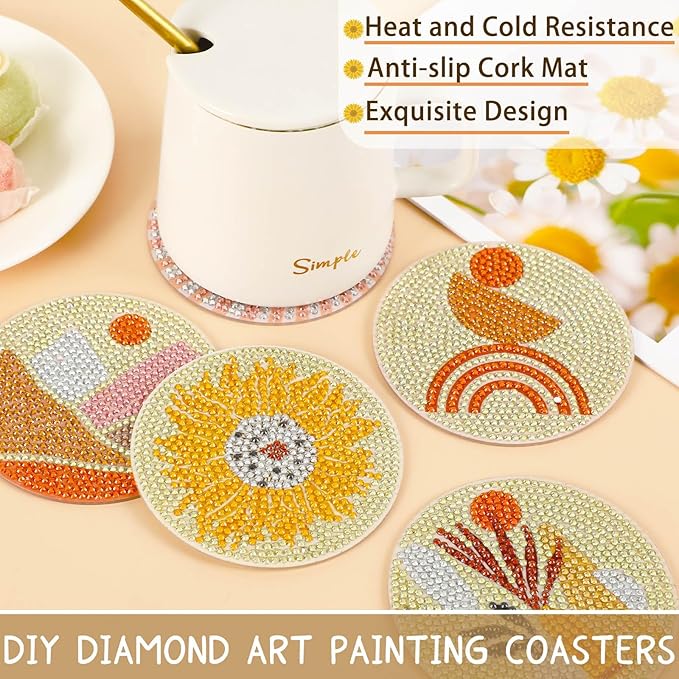 UPINS 8Pcs Boho Diamond Art Painting Coasters for Drinks DIY Coaster Diamond Art Kits for Adults Kids Beginners Diamond Art Craft Supplies (Boho)