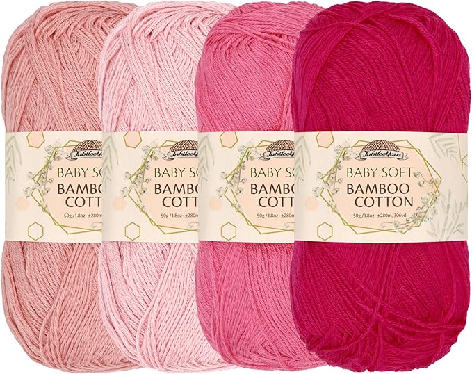 JubileeYarn Baby Soft Bamboo Cotton Yarn - 50g/Skein - Shades of Pink - 4 Skeins