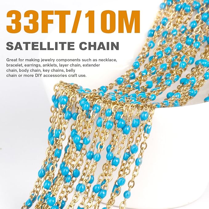 33 Feet Gold Enamel Chains Bulk, 2mm 18K Gold PVD Plated 304 Stainless Steel Light Blue Enamel Beaded Cable Link Chain Roll Spool for Jewelry Making