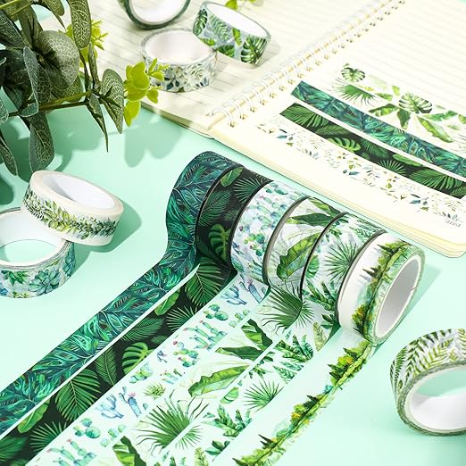 Whaline 12 Rolls Summer Greenery Washi Tapes Tropical Leaves Masking Tape 0.6 Inch Green Plants Cactus Succulents Decorative Tape Sticker for Scrapbook Journal DIY Craft Gift Wrapping,16.4ft