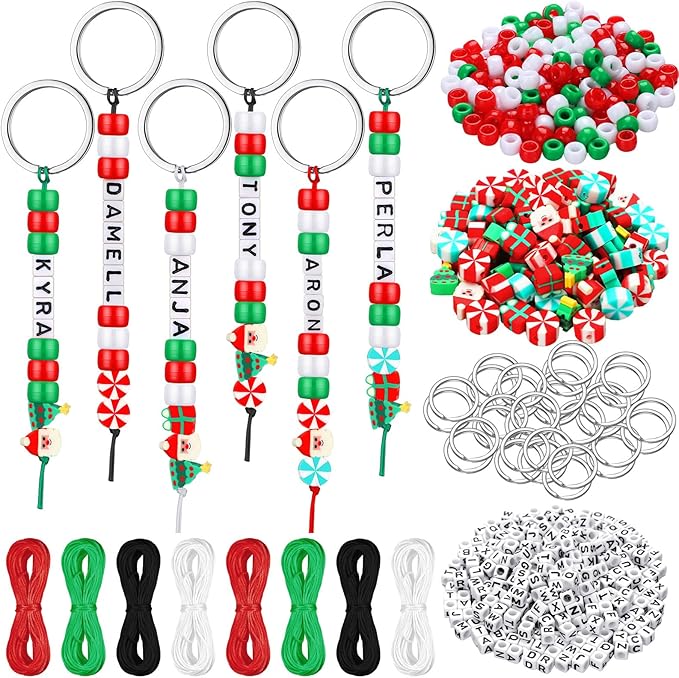 Landical 564 Pcs Christmas Bead Keychain Making Kit DIY Name Bead Key Chain Craft Xmas Bag Charm Letter Alphabet Candy Cane Santa for Xmas Gift Jewelry Key Ring Backpack Accessories(Sweet Color)