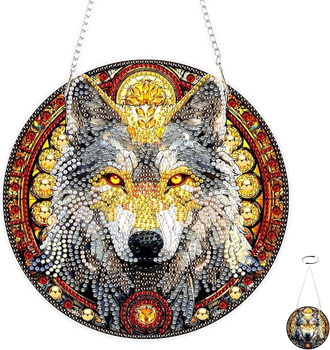 TOSTOG Diamond Art Hanging Kits for Adults, 5D Wolf Diamond Painting for Adults Window Pendant, Special Shape Diamonds Yellow Eye Wolf Diamond Painting Hanging Pendant Kit for Wall Decor Gift