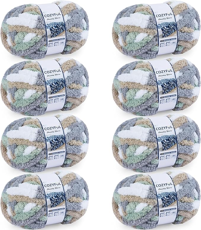 Chunky Yarn for Hand Knitting - #10 Chunky Chenille Blanket Yarn, Jumbo Big Thick Chunky Yarns for Crocheting, Tie Dye Bulky Knit Yarns, 8 Skein (25 yds 8 oz Each Skein), Cream&Sage&Grey&Khaki