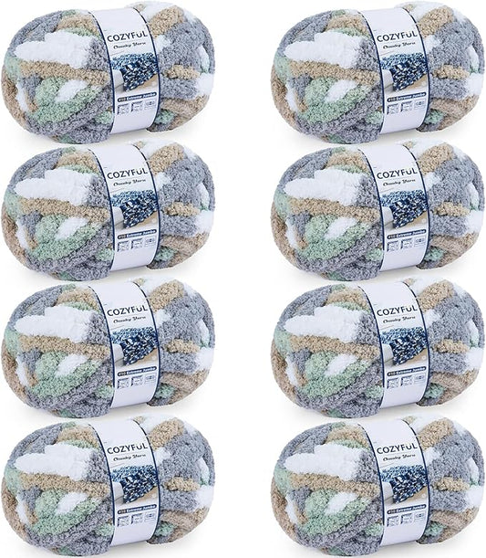 Chunky Yarn for Hand Knitting - #10 Chunky Chenille Blanket Yarn, Jumbo Big Thick Chunky Yarns for Crocheting, Tie Dye Bulky Knit Yarns, 8 Skein (25 yds 8 oz Each Skein), Cream&Sage&Grey&Khaki
